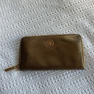 Tory Burch Metallic Brown Zip Wallet with Gold Logo